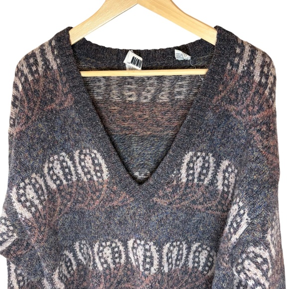 Vintage Cosi L'Uomo Shetland Wool V-Neck Sweater Men's Large 80s 90s Black Brown - Picture 2 of 7